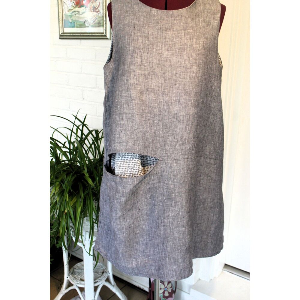 GERSHON BRAM Women's Lagenlook Linen Style Dress Gray Artisan Slit Lined Large